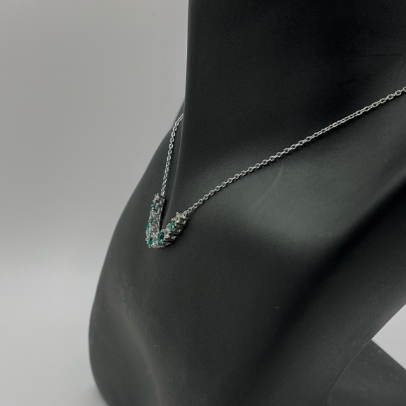 Lab Green Emerald and White Sapphire Bar Silver Necklace - Picture 7 of 8